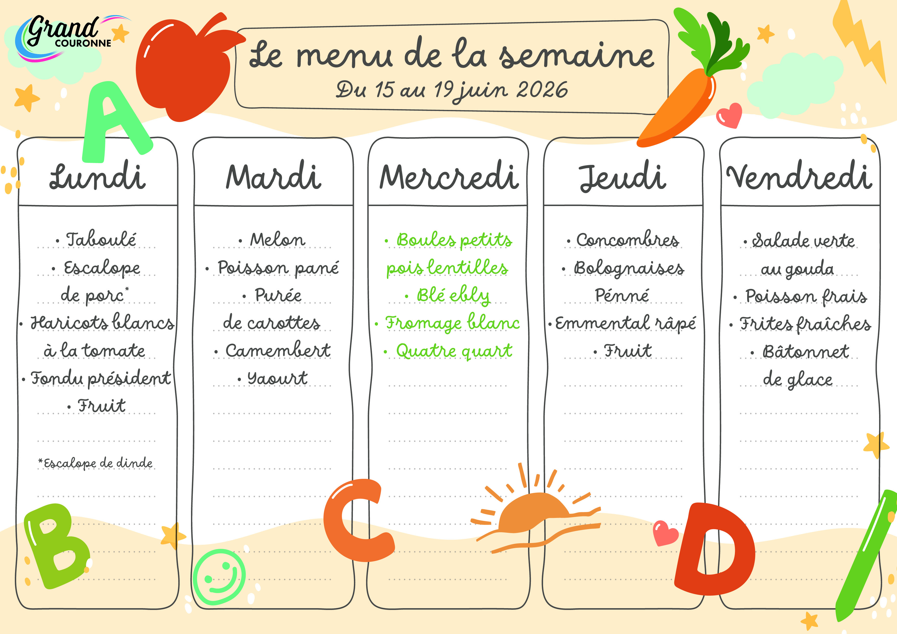 Maquette menu de la semaine 25